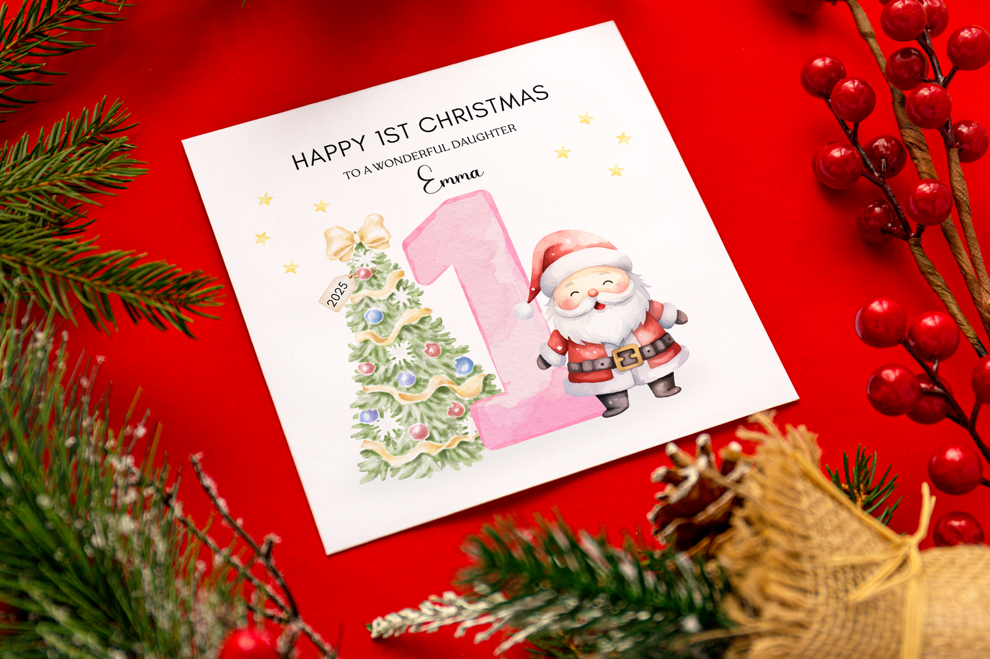 Personalised 1st Christmas Card for Baby Girl– Cute Santa and Xmas Tree Design with Customised Name and Message, Watercolor First Xmas Card for Daughter, GrandDaughter, Niece - Pink Envelope Included