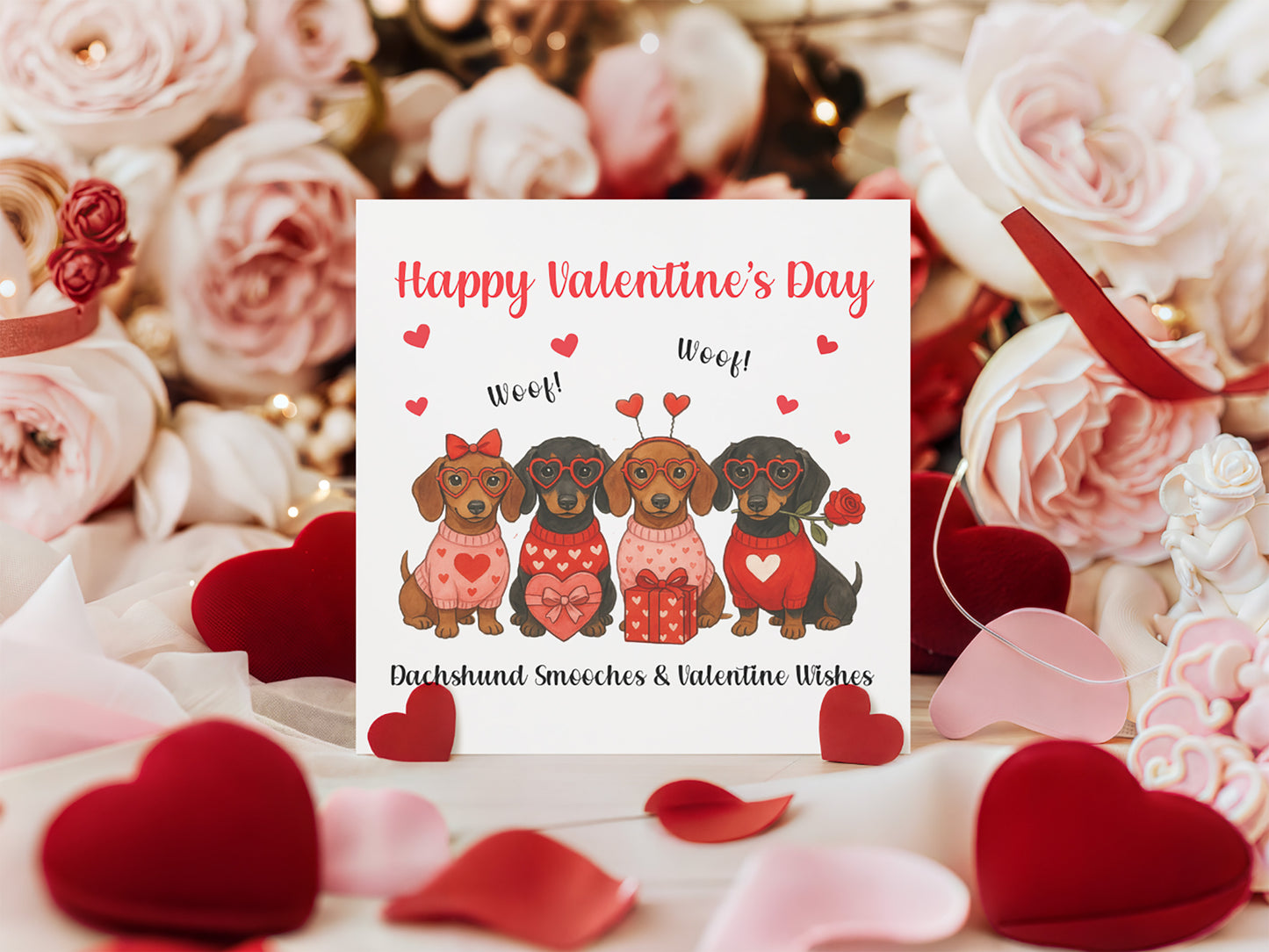 Cute Sausage Dogs Valentine’s Day Card  – Funny Dachshund Design for Dog Lovers, Pet Owners, Wife, Husband, Boyfriend, Girlfriend, Fiance, Fiancee - for Him or Her - Red Envelope Included