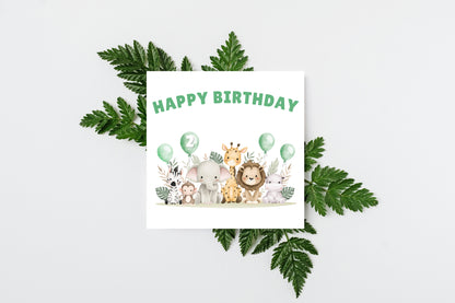 Safari Jungle Animals Happy Birthday Card, one Balloon contains the Birthday Age from 1 to 10 -Birthday Card for Baby Boy, Son, Grandson, Nephew, Children's Birthday Card – Green Envelope Included