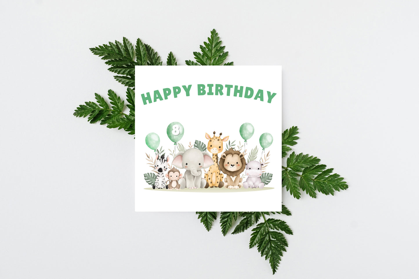Safari Jungle Animals Happy Birthday Card, one Balloon contains the Birthday Age from 1 to 10 -Birthday Card for Baby Boy, Son, Grandson, Nephew, Children's Birthday Card – Green Envelope Included