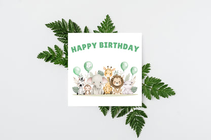 Safari Jungle Animals Happy Birthday Card, one Balloon contains the Birthday Age from 1 to 10 -Birthday Card for Baby Boy, Son, Grandson, Nephew, Children's Birthday Card – Green Envelope Included