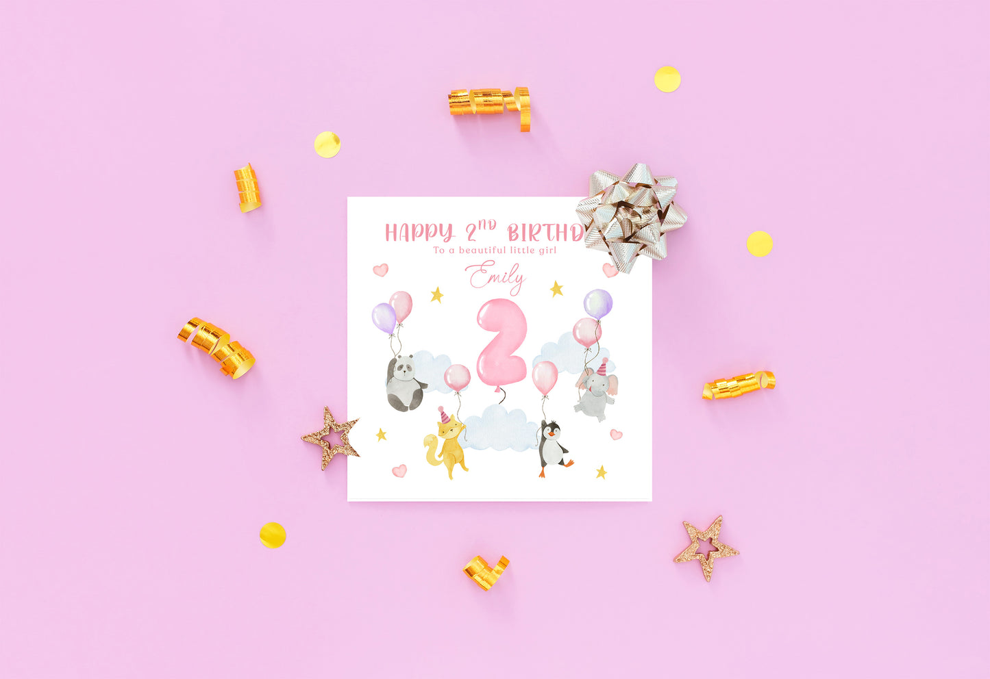Personalised 2 Years Old 2nd Birthday Card for Toddler Girl - Sky Animals Design with Custom Name & Message - Age 2 Two years old Birthday Card for Daughter, Granddaughter, Niece with Pink Envelope