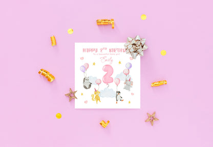 Personalised 2 Years Old 2nd Birthday Card for Toddler Girl - Sky Animals Design with Custom Name & Message - Age 2 Two years old Birthday Card for Daughter, Granddaughter, Niece with Pink Envelope