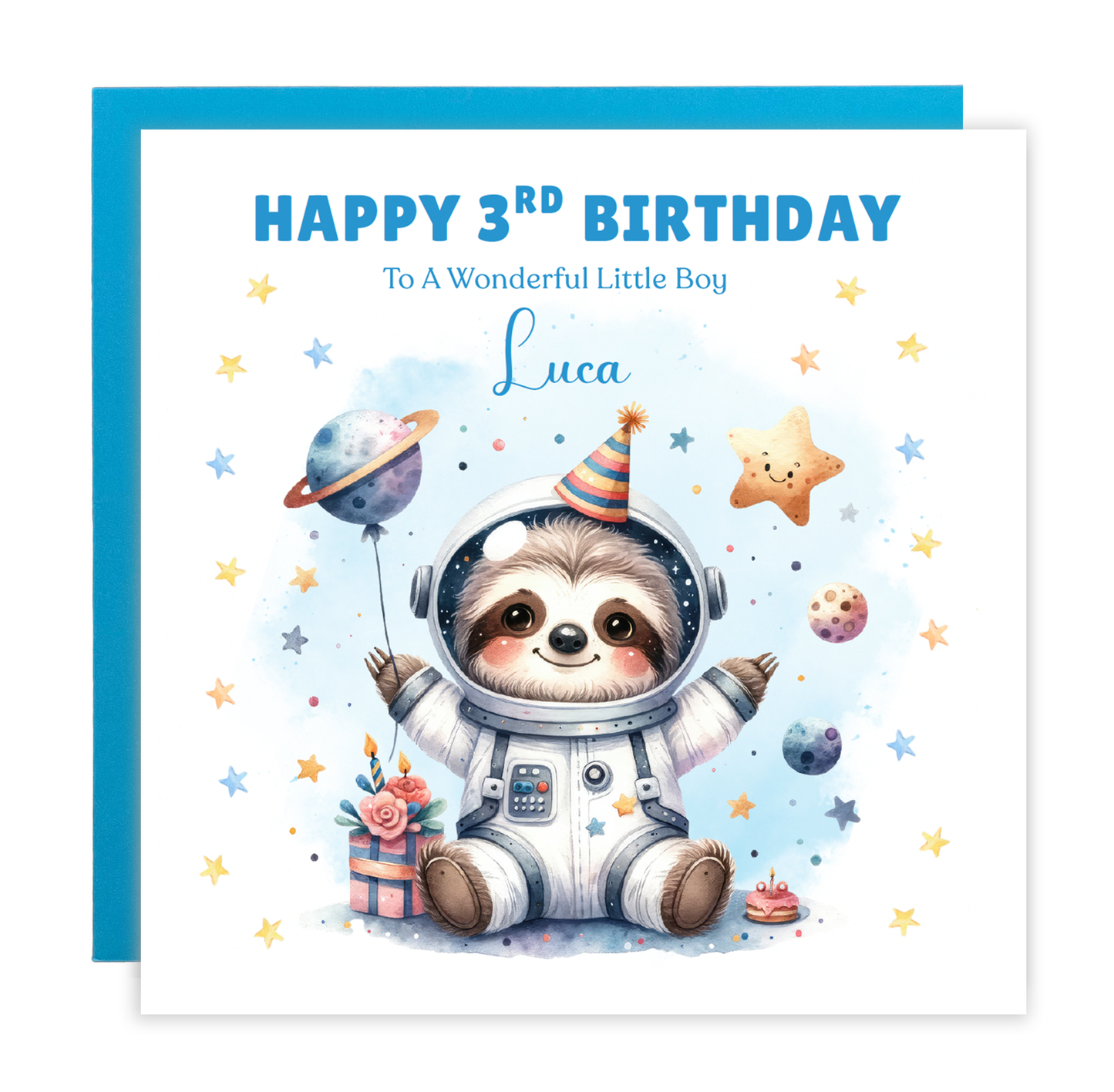 Personalised Age 3 Years Old 3rd Birthday Card for Toddler Boy – Space Sloth Astronaut Planets Animal Design with Custom Name & Message - For Little One, Son, Grandson Nephew with Blue Envelope