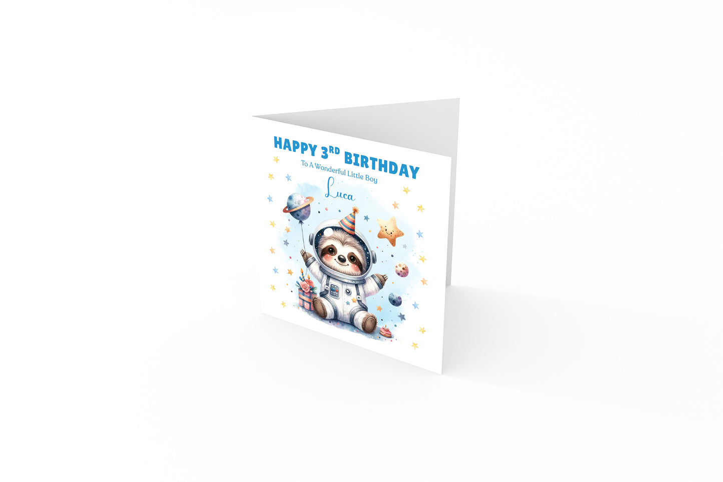 Personalised Age 3 Years Old 3rd Birthday Card for Toddler Boy – Space Sloth Astronaut Planets Animal Design with Custom Name & Message - For Little One, Son, Grandson Nephew with Blue Envelope