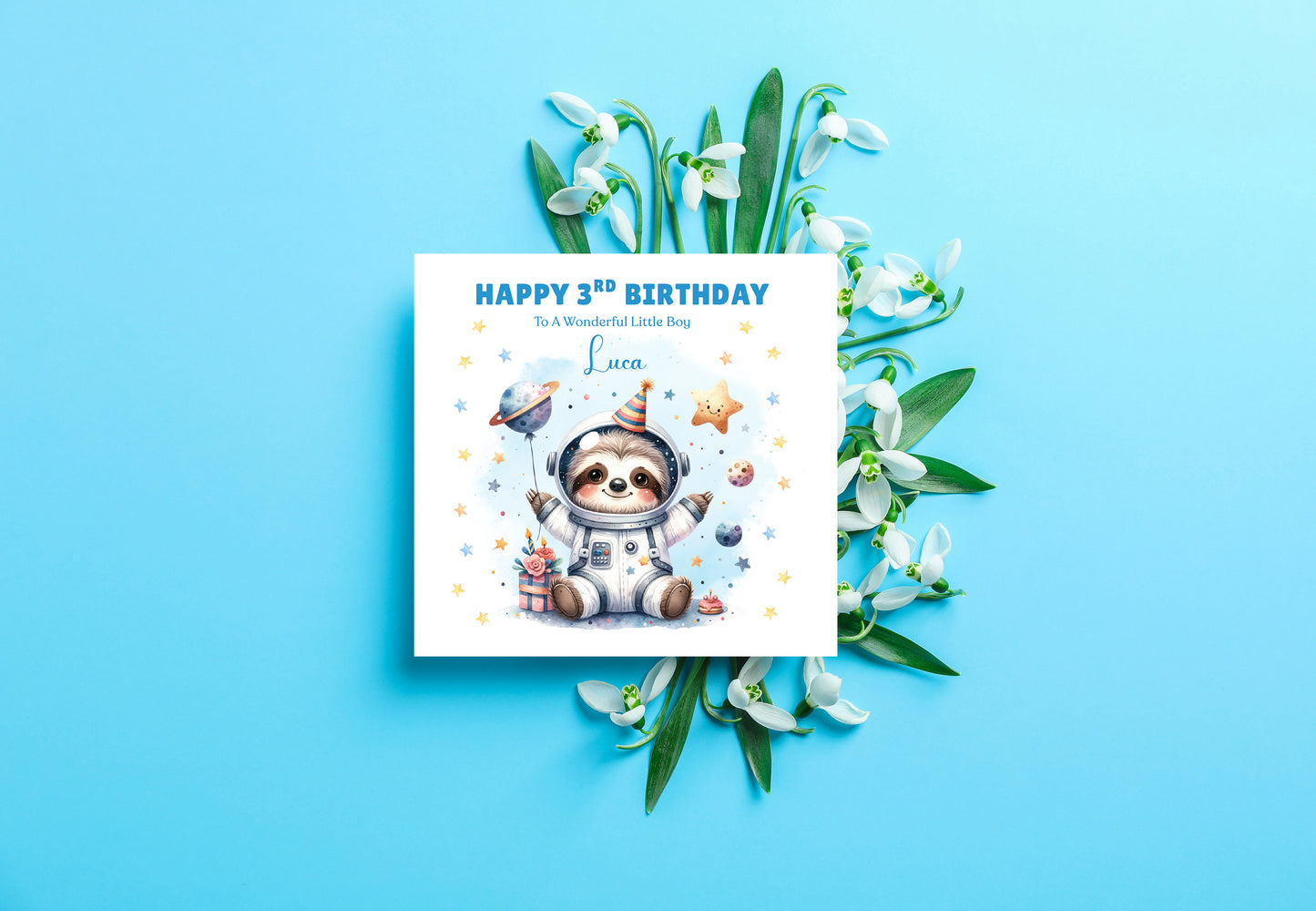 Personalised Age 3 Years Old 3rd Birthday Card for Toddler Boy – Space Sloth Astronaut Planets Animal Design with Custom Name & Message - For Little One, Son, Grandson Nephew with Blue Envelope