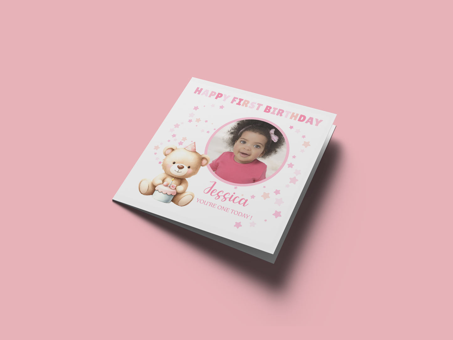 Personalised Photo 1st Birthday Card for Baby Girl – Cute Teddy Bear Design with Custom Photo and Name – One Year Old First Birthday Card for Daughter, Granddaughter, Niece – Pink Envelope Included
