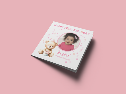 Personalised Photo 1st Birthday Card for Baby Girl – Cute Teddy Bear Design with Custom Photo and Name – One Year Old First Birthday Card for Daughter, Granddaughter, Niece – Pink Envelope Included