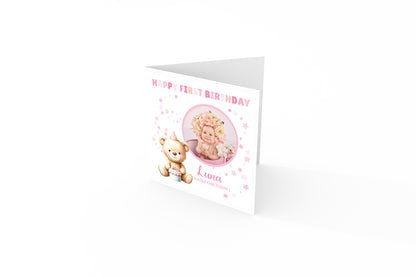 Personalised Photo 1st Birthday Card for Baby Girl – Cute Teddy Bear Design with Custom Photo and Name – One Year Old First Birthday Card for Daughter, Granddaughter, Niece – Pink Envelope Included