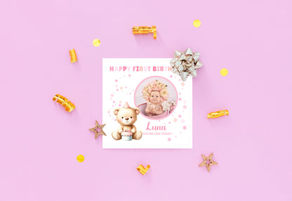 Personalised Photo 1st Birthday Card for Baby Girl – Cute Teddy Bear Design with Custom Photo and Name – One Year Old First Birthday Card for Daughter, Granddaughter, Niece – Pink Envelope Included