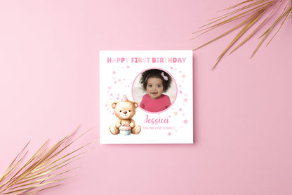 Personalised Photo 1st Birthday Card for Baby Girl – Cute Teddy Bear Design with Custom Photo and Name – One Year Old First Birthday Card for Daughter, Granddaughter, Niece – Pink Envelope Included