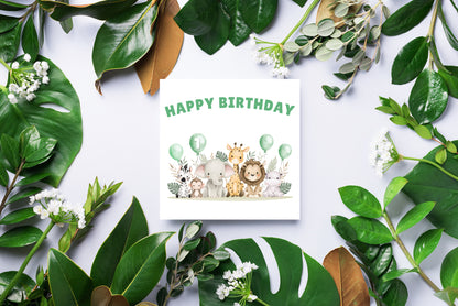 Safari Jungle Animals Happy Birthday Card, one Balloon contains the Birthday Age from 1 to 10 -Birthday Card for Baby Boy, Son, Grandson, Nephew, Children's Birthday Card – Green Envelope Included