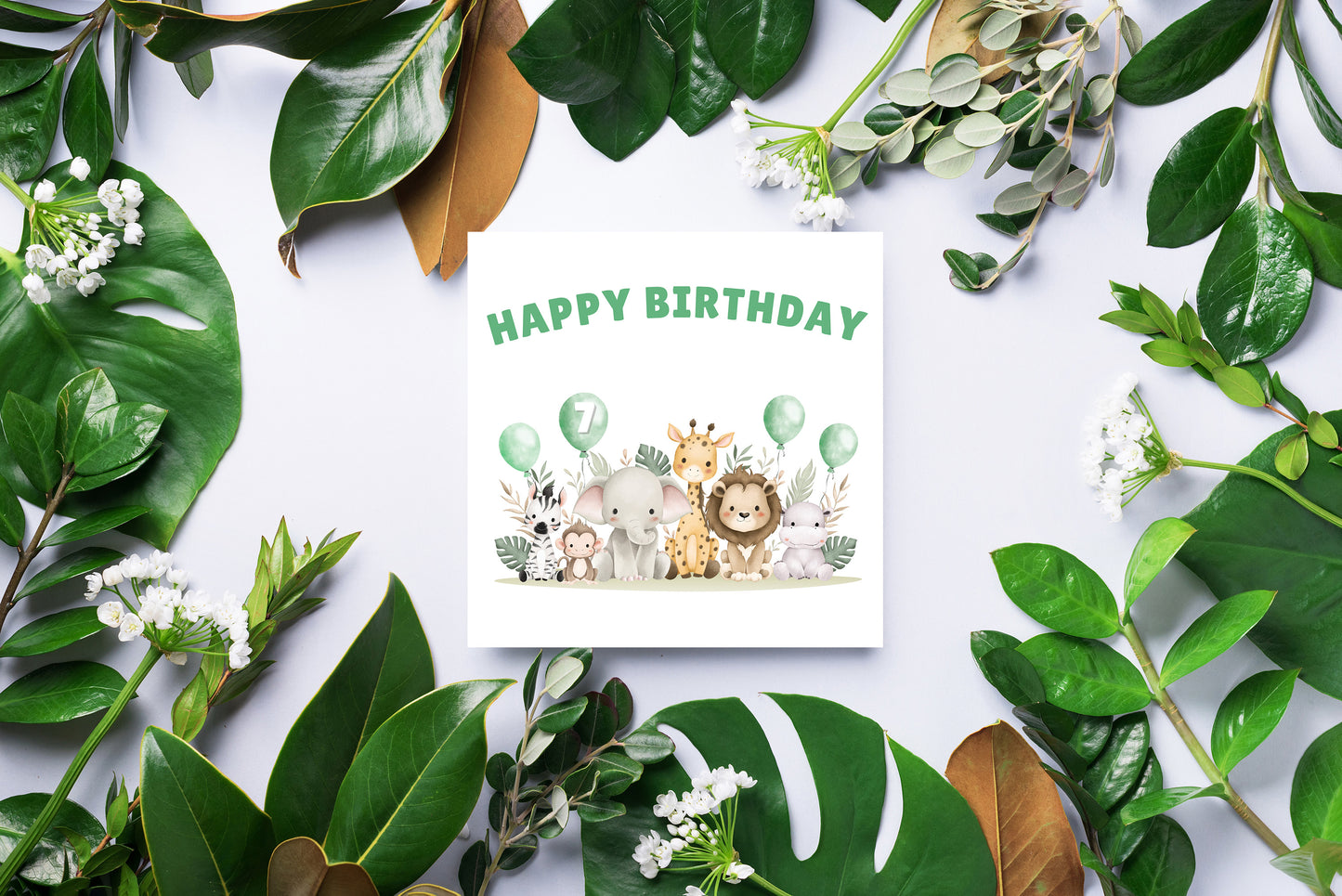Safari Jungle Animals Happy Birthday Card, one Balloon contains the Birthday Age from 1 to 10 -Birthday Card for Baby Boy, Son, Grandson, Nephew, Children's Birthday Card – Green Envelope Included