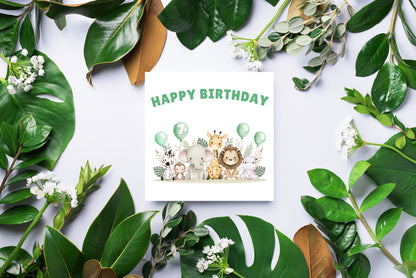Safari Jungle Animals Happy Birthday Card, one Balloon contains the Birthday Age from 1 to 10 -Birthday Card for Baby Boy, Son, Grandson, Nephew, Children's Birthday Card – Green Envelope Included