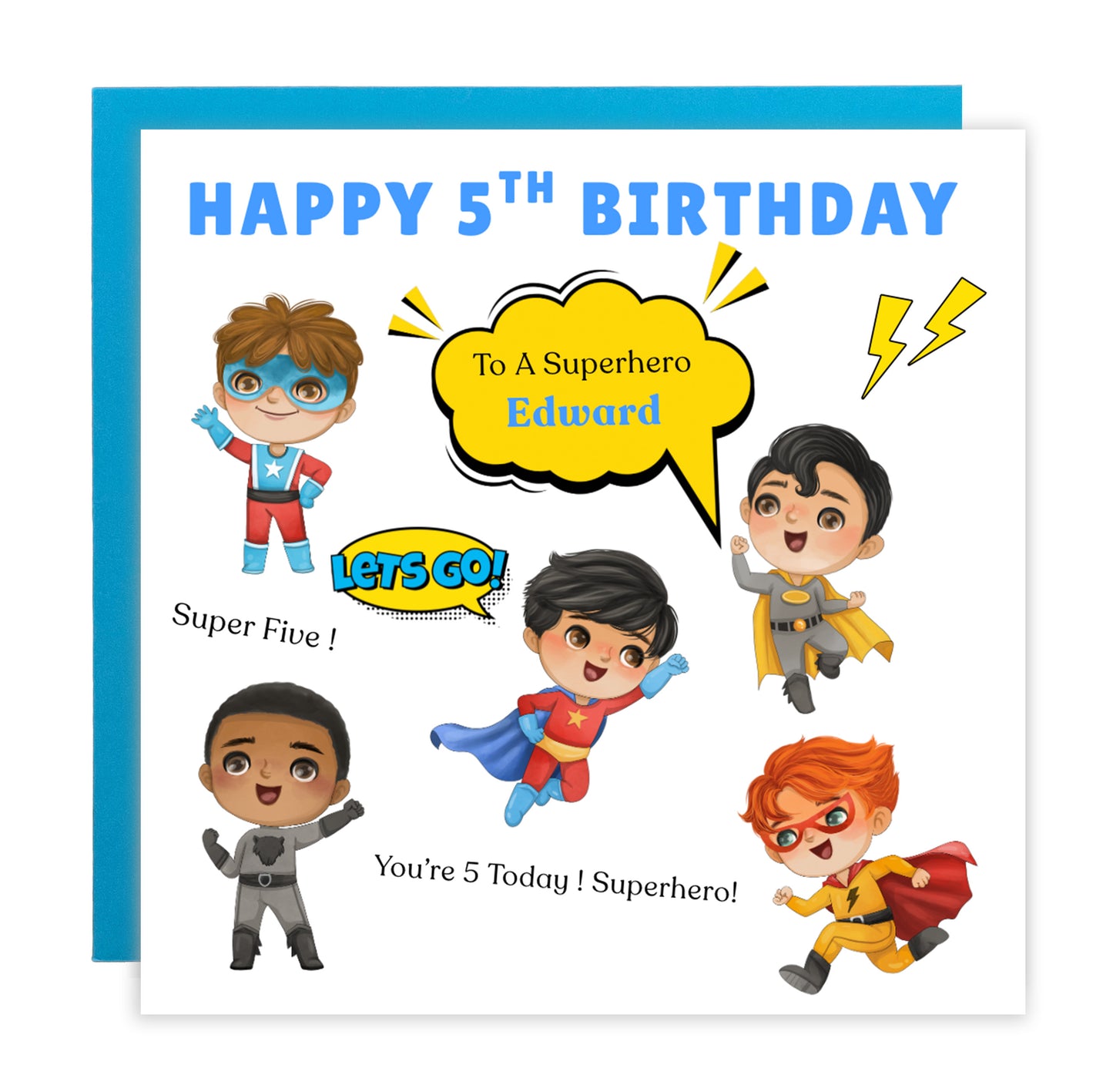 Personalised Superhero 5th Birthday Card for Boys – Superheros Design with Custom Name for Age 5 Years Old, Fifth Birthday Kids, Little Birthday Hero, Son, Grandson, Nephew –  Blue Envelope Included