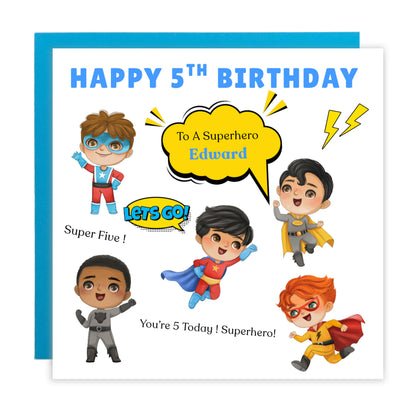 Personalised Superhero 5th Birthday Card for Boys – Superheros Design with Custom Name for Age 5 Years Old, Fifth Birthday Kids, Little Birthday Hero, Son, Grandson, Nephew –  Blue Envelope Included