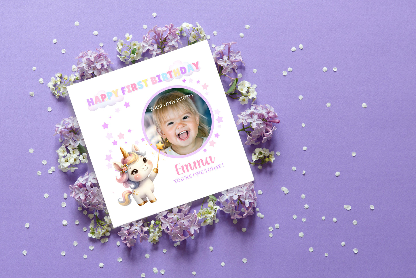 Personalised Photo 1st Birthday Card for Baby Girl – Cute Unicorn Design with Custom Photo and Name – One Year Old First Birthday Card for Daughter, Granddaughter, Niece – Pink Envelope Included