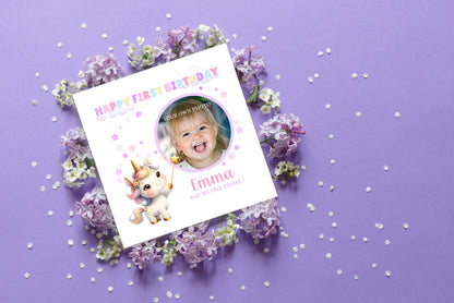 Personalised Photo 1st Birthday Card for Baby Girl – Cute Unicorn Design with Custom Photo and Name – One Year Old First Birthday Card for Daughter, Granddaughter, Niece – Pink Envelope Included