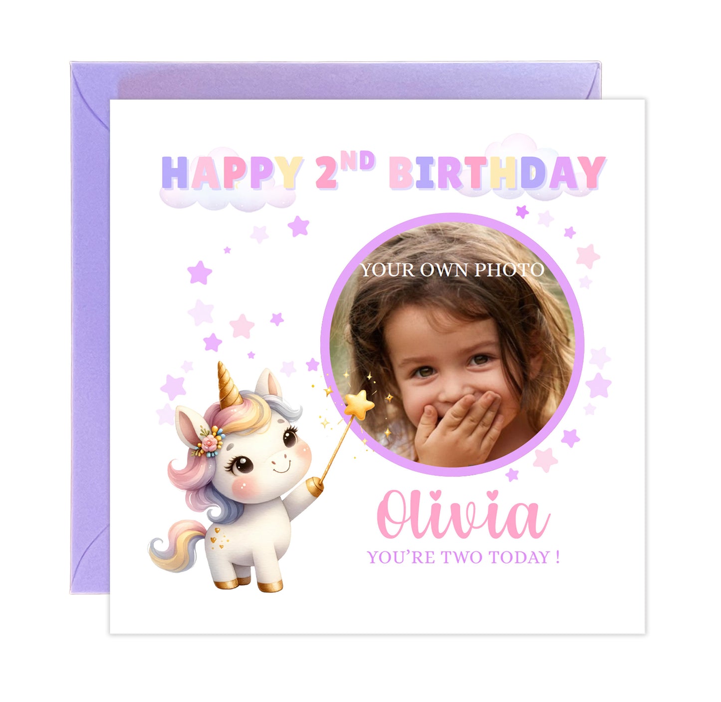 Personalised Photo 2 Years Old 2nd Birthday Card for Toddler Girl – Unicorn Design with Custom Photo & Name - Age 2 Year Old Birthday Card for Daughter, Granddaughter, Niece with Purple Envelope