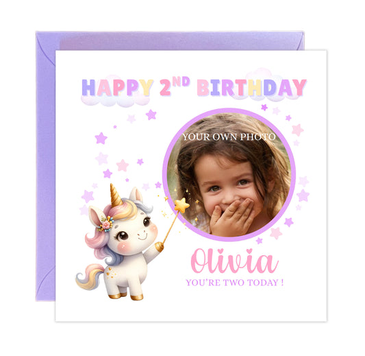 Personalised Photo 2 Years Old 2nd Birthday Card for Toddler Girl – Unicorn Design with Custom Photo & Name - Age 2 Year Old Birthday Card for Daughter, Granddaughter, Niece with Purple Envelope