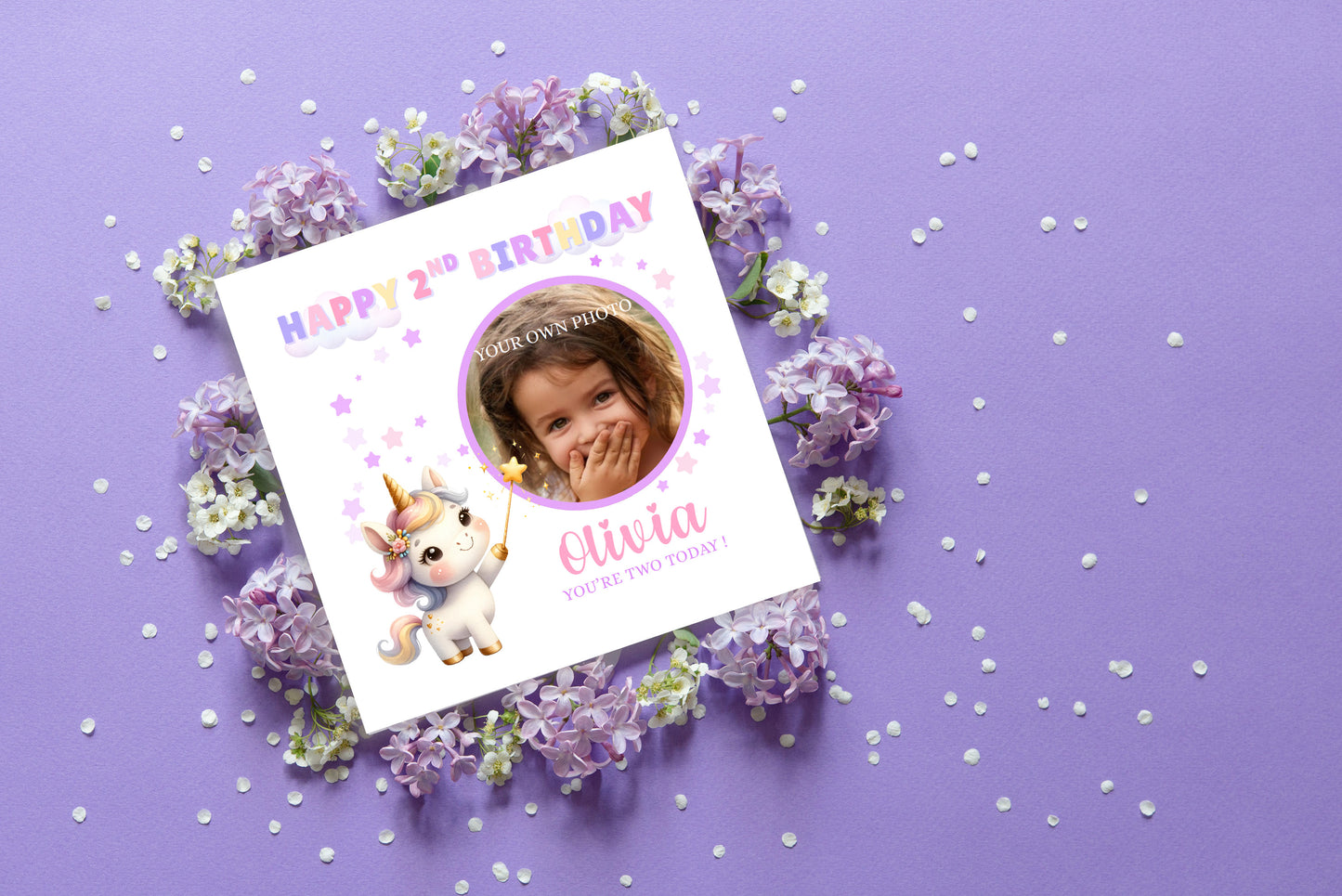 Personalised Photo 2 Years Old 2nd Birthday Card for Toddler Girl – Unicorn Design with Custom Photo & Name - Age 2 Year Old Birthday Card for Daughter, Granddaughter, Niece with Purple Envelope