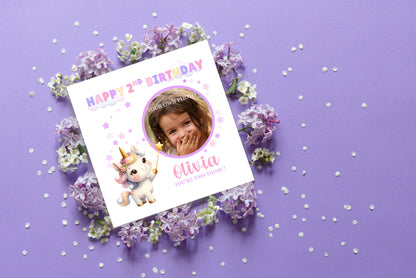 Personalised Photo 2 Years Old 2nd Birthday Card for Toddler Girl – Unicorn Design with Custom Photo & Name - Age 2 Year Old Birthday Card for Daughter, Granddaughter, Niece with Purple Envelope