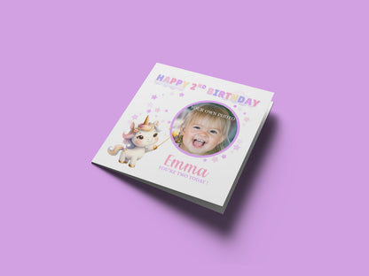 Personalised Photo 2 Years Old 2nd Birthday Card for Toddler Girl – Unicorn Design with Custom Photo & Name - Age 2 Year Old Birthday Card for Daughter, Granddaughter, Niece with Purple Envelope