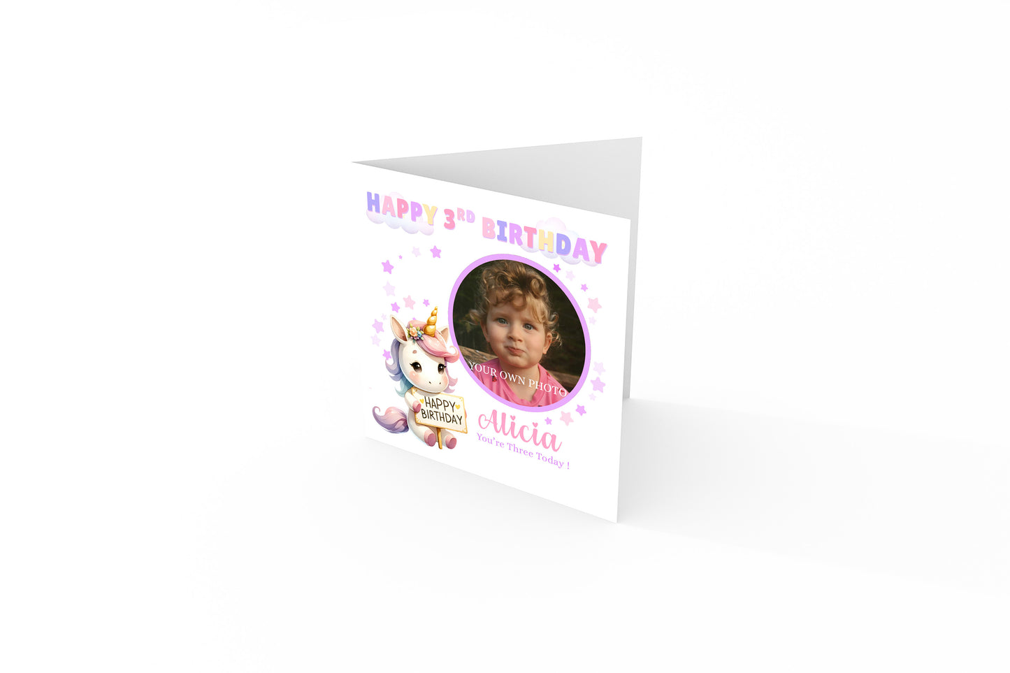 Personalised Photo 3 Years Old 3rd Birthday Card for Toddler Girl – Unicorn Design with Custom Photo & Name - Age 3 Year Old Birthday Card for Daughter, Granddaughter, Niece with Purple Envelope
