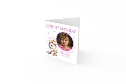 Personalised Photo 3 Years Old 3rd Birthday Card for Toddler Girl – Unicorn Design with Custom Photo & Name - Age 3 Year Old Birthday Card for Daughter, Granddaughter, Niece with Purple Envelope