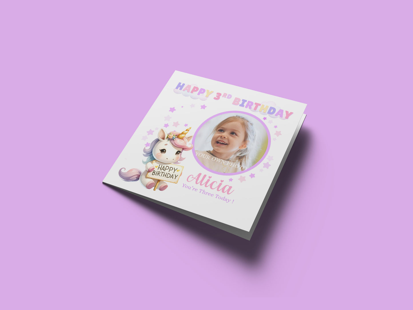 Personalised Photo 3 Years Old 3rd Birthday Card for Toddler Girl – Unicorn Design with Custom Photo & Name - Age 3 Year Old Birthday Card for Daughter, Granddaughter, Niece with Purple Envelope