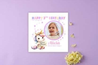 Personalised Photo 3 Years Old 3rd Birthday Card for Toddler Girl – Unicorn Design with Custom Photo & Name - Age 3 Year Old Birthday Card for Daughter, Granddaughter, Niece with Purple Envelope