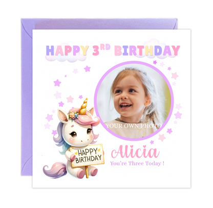 Personalised Photo 3 Years Old 3rd Birthday Card for Toddler Girl – Unicorn Design with Custom Photo & Name - Age 3 Year Old Birthday Card for Daughter, Granddaughter, Niece with Purple Envelope