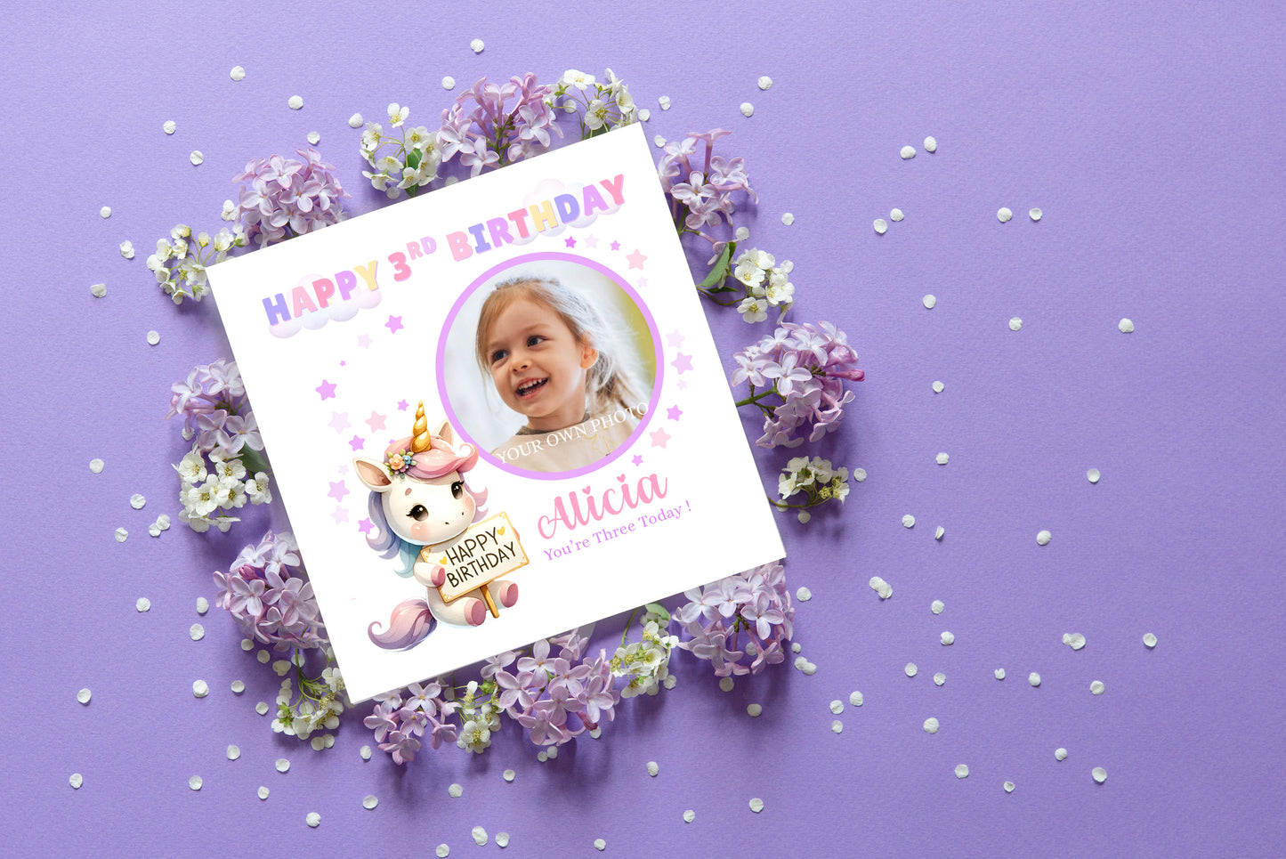 Personalised Photo 3 Years Old 3rd Birthday Card for Toddler Girl – Unicorn Design with Custom Photo & Name - Age 3 Year Old Birthday Card for Daughter, Granddaughter, Niece with Purple Envelope