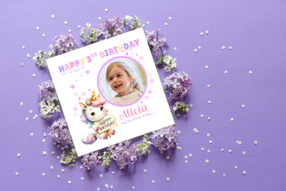 Personalised Photo 3 Years Old 3rd Birthday Card for Toddler Girl – Unicorn Design with Custom Photo & Name - Age 3 Year Old Birthday Card for Daughter, Granddaughter, Niece with Purple Envelope