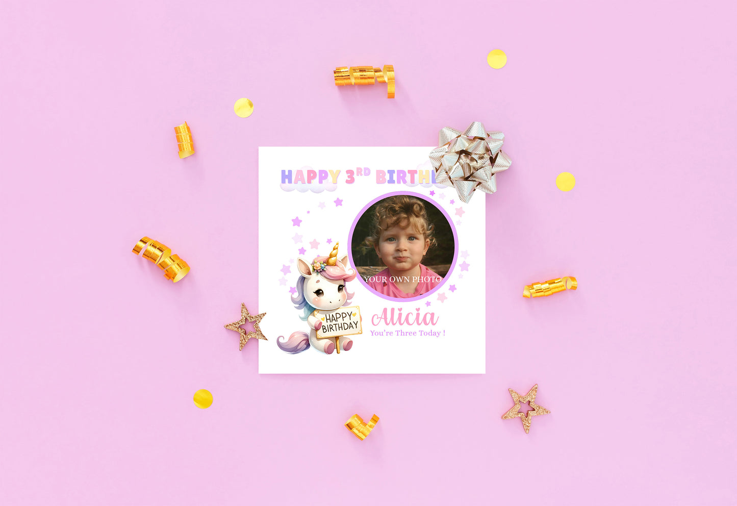 Personalised Photo 3 Years Old 3rd Birthday Card for Toddler Girl – Unicorn Design with Custom Photo & Name - Age 3 Year Old Birthday Card for Daughter, Granddaughter, Niece with Purple Envelope