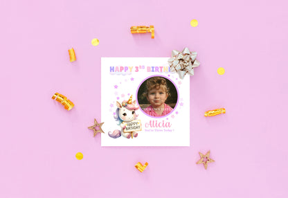 Personalised Photo 3 Years Old 3rd Birthday Card for Toddler Girl – Unicorn Design with Custom Photo & Name - Age 3 Year Old Birthday Card for Daughter, Granddaughter, Niece with Purple Envelope