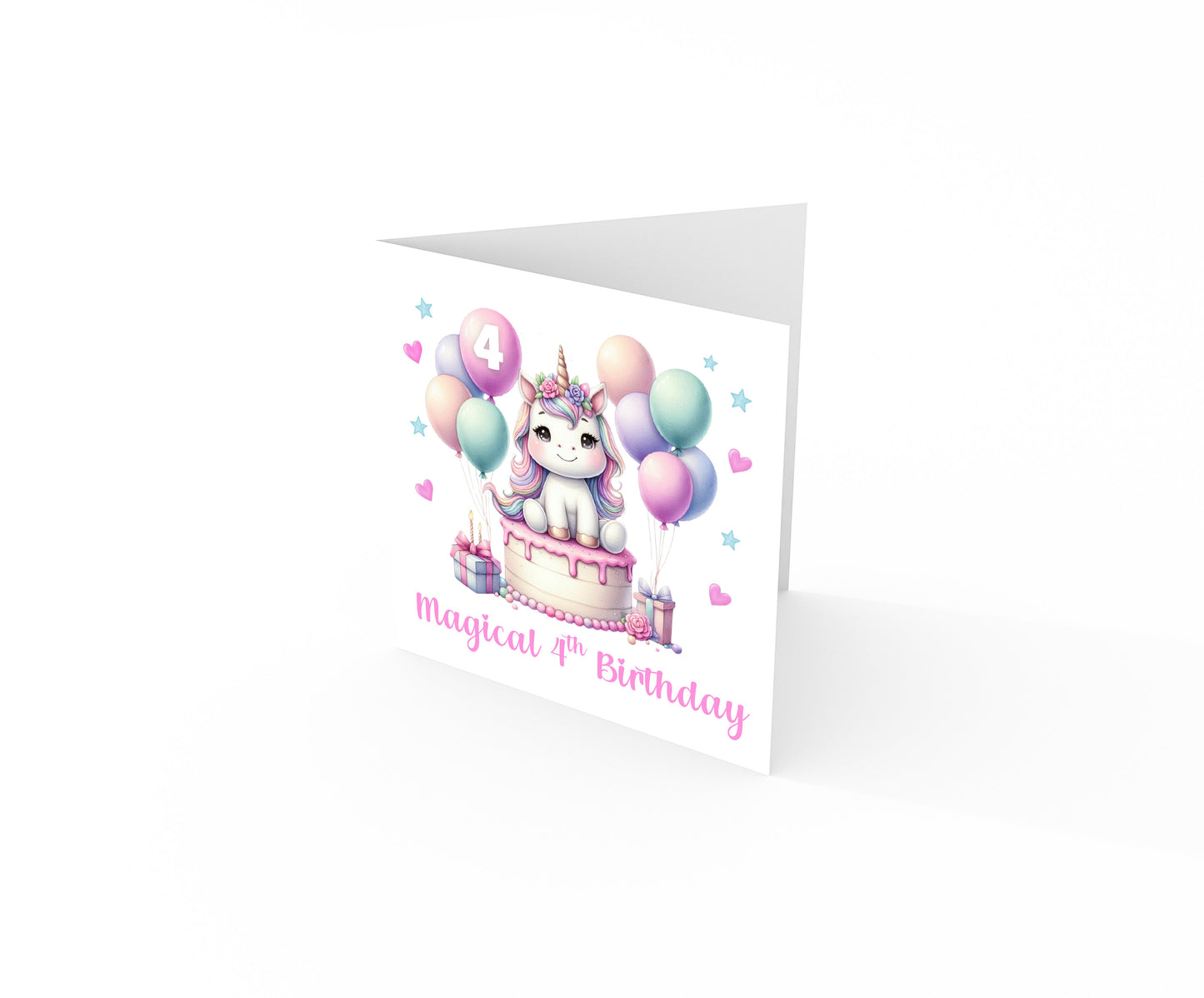 Magical 4th Birthday 4 Years Old 4th Birthday Card for Girls - Cute Unicorn Design  - Age 4 Magical Birthday Card for Girl, Kids, Children, Daughter, Granddaughter, Niece - Pink Envelope Included