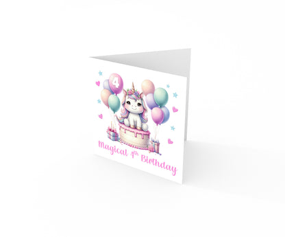 Magical 4th Birthday 4 Years Old 4th Birthday Card for Girls - Cute Unicorn Design  - Age 4 Magical Birthday Card for Girl, Kids, Children, Daughter, Granddaughter, Niece - Pink Envelope Included