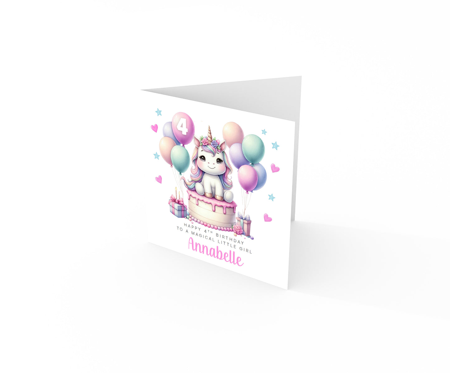 Personalised 4 Years Old 4th Birthday Card for Girls – Cute Unicorn Design with Custom Name & Message - Age 4 Magical Birthday Card for Kids Children Daughter Granddaughter Niece with Pink Envelope