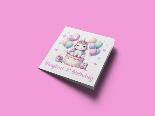 Magical 4th Birthday 4 Years Old 4th Birthday Card for Girls - Cute Unicorn Design  - Age 4 Magical Birthday Card for Girl, Kids, Children, Daughter, Granddaughter, Niece - Pink Envelope Included