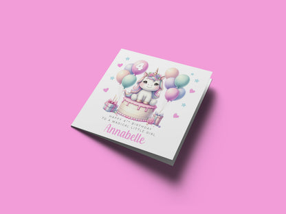 Personalised 4 Years Old 4th Birthday Card for Girls – Cute Unicorn Design with Custom Name & Message - Age 4 Magical Birthday Card for Kids Children Daughter Granddaughter Niece with Pink Envelope