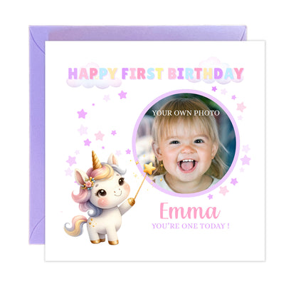 Personalised Photo 1st Birthday Card for Baby Girl – Cute Unicorn Design with Custom Photo and Name – One Year Old First Birthday Card for Daughter, Granddaughter, Niece – Pink Envelope Included
