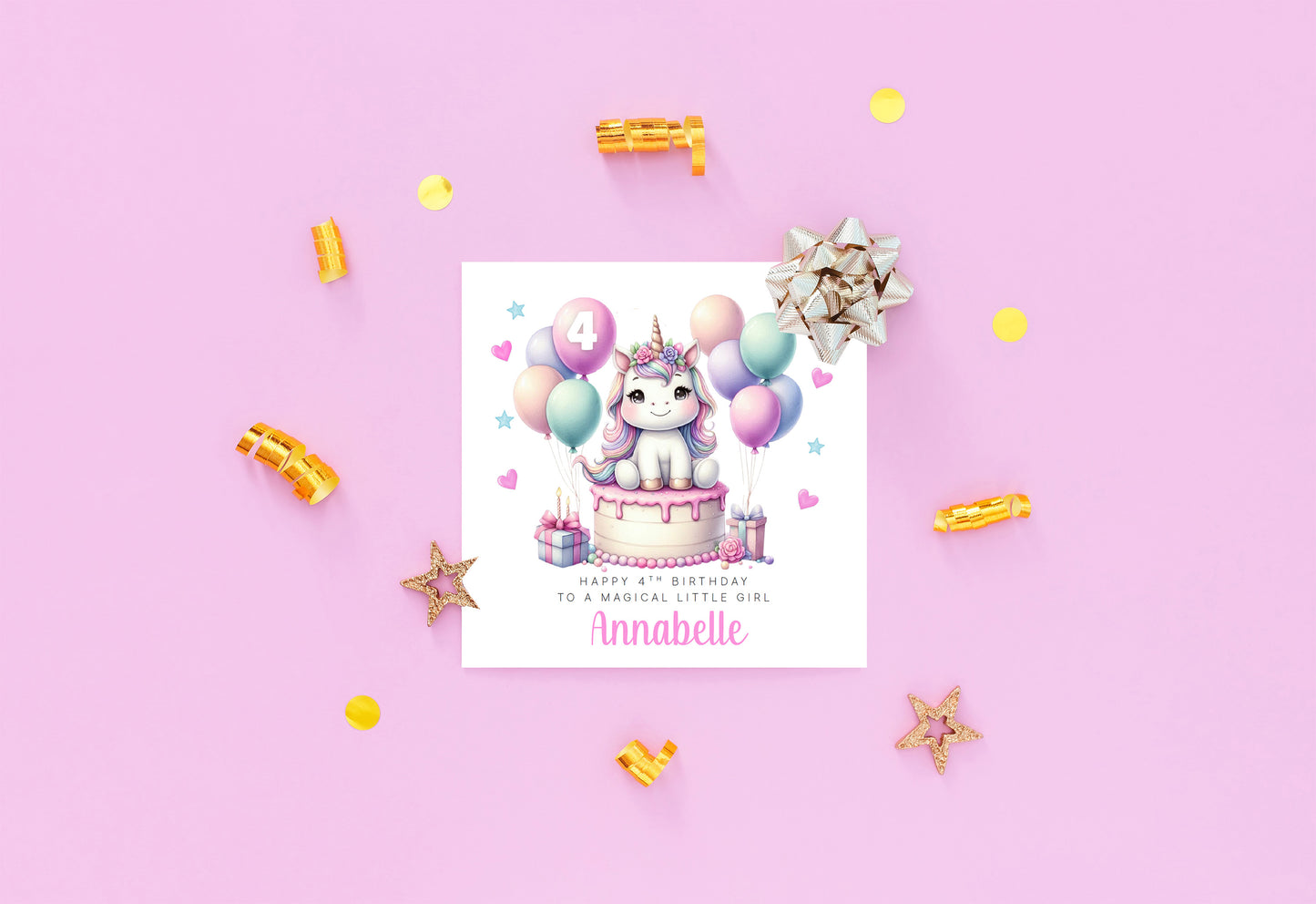 Personalised 4 Years Old 4th Birthday Card for Girls – Cute Unicorn Design with Custom Name & Message - Age 4 Magical Birthday Card for Kids Children Daughter Granddaughter Niece with Pink Envelope