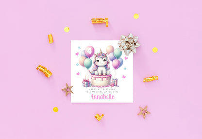 Personalised 4 Years Old 4th Birthday Card for Girls – Cute Unicorn Design with Custom Name & Message - Age 4 Magical Birthday Card for Kids Children Daughter Granddaughter Niece with Pink Envelope