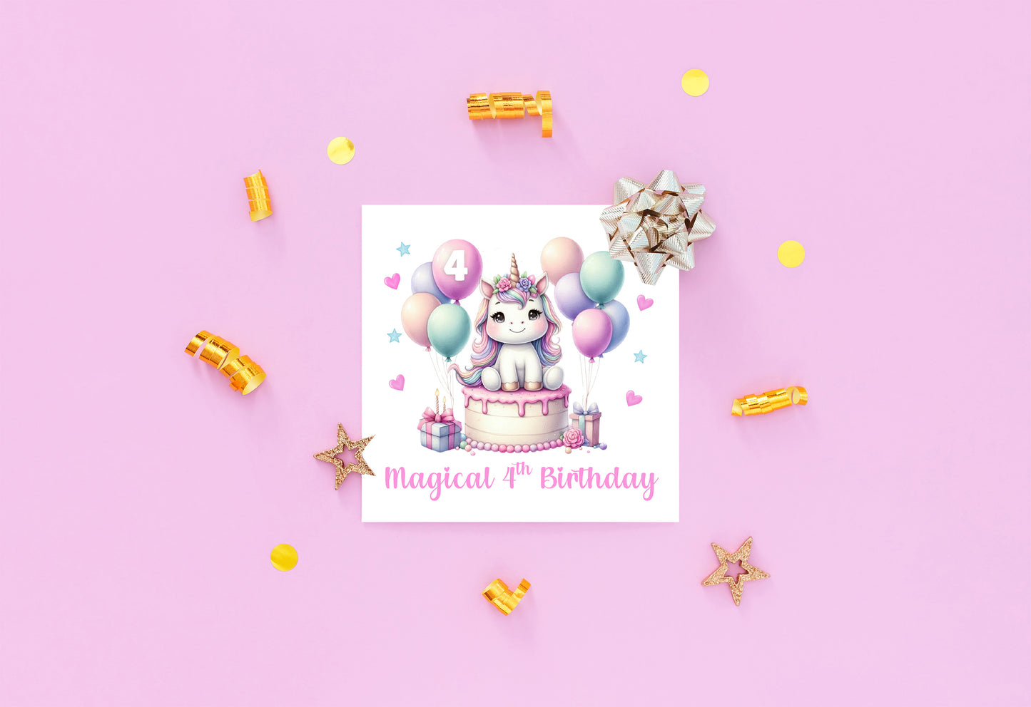 Magical 4th Birthday 4 Years Old 4th Birthday Card for Girls - Cute Unicorn Design  - Age 4 Magical Birthday Card for Girl, Kids, Children, Daughter, Granddaughter, Niece - Pink Envelope Included