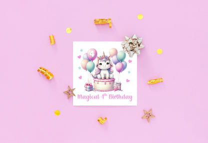 Magical 4th Birthday 4 Years Old 4th Birthday Card for Girls - Cute Unicorn Design  - Age 4 Magical Birthday Card for Girl, Kids, Children, Daughter, Granddaughter, Niece - Pink Envelope Included