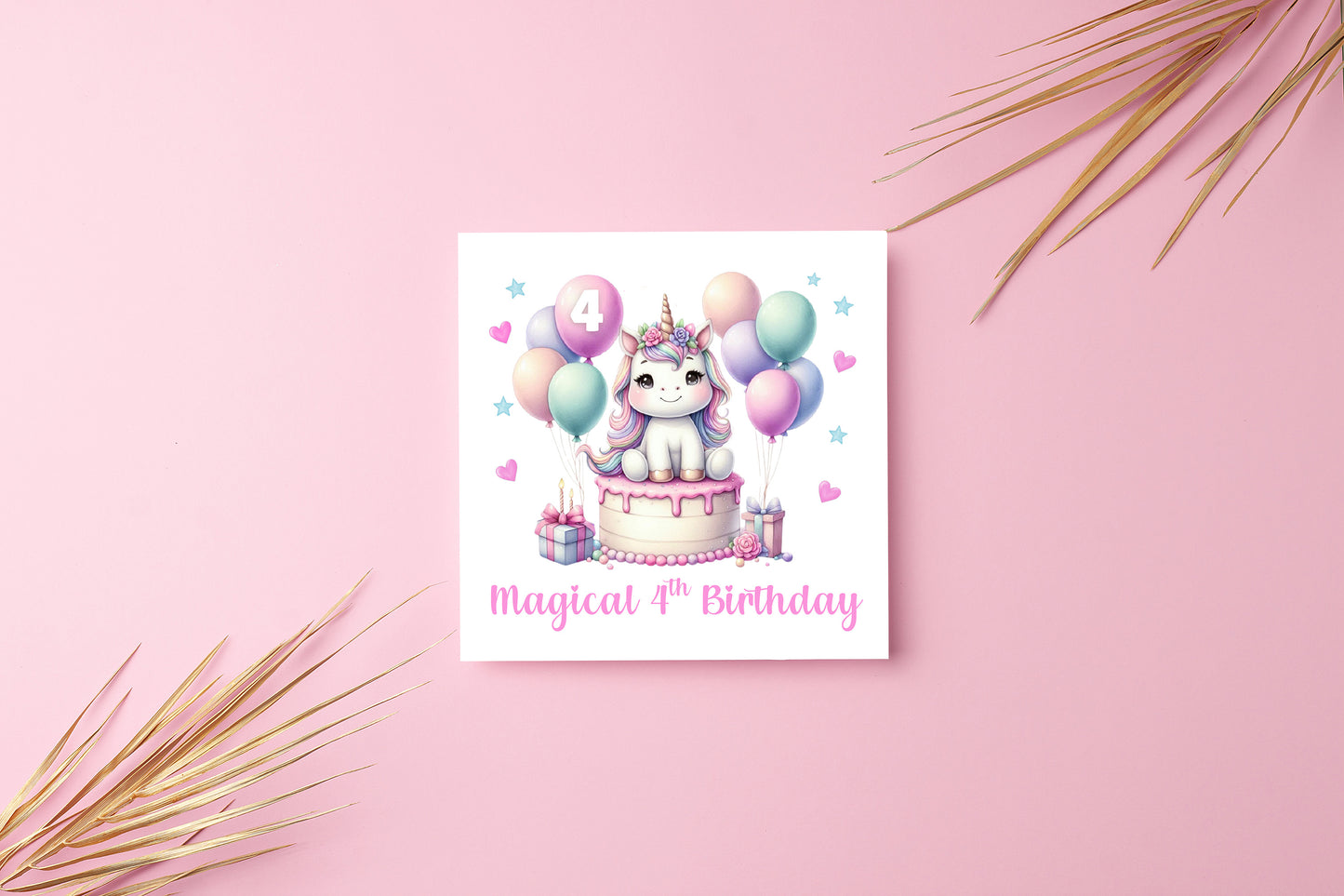 Magical 4th Birthday 4 Years Old 4th Birthday Card for Girls - Cute Unicorn Design  - Age 4 Magical Birthday Card for Girl, Kids, Children, Daughter, Granddaughter, Niece - Pink Envelope Included