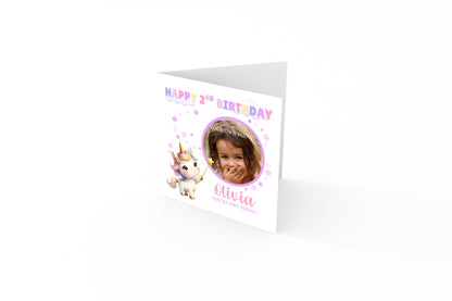 Personalised Photo 2 Years Old 2nd Birthday Card for Toddler Girl – Unicorn Design with Custom Photo & Name - Age 2 Year Old Birthday Card for Daughter, Granddaughter, Niece with Purple Envelope