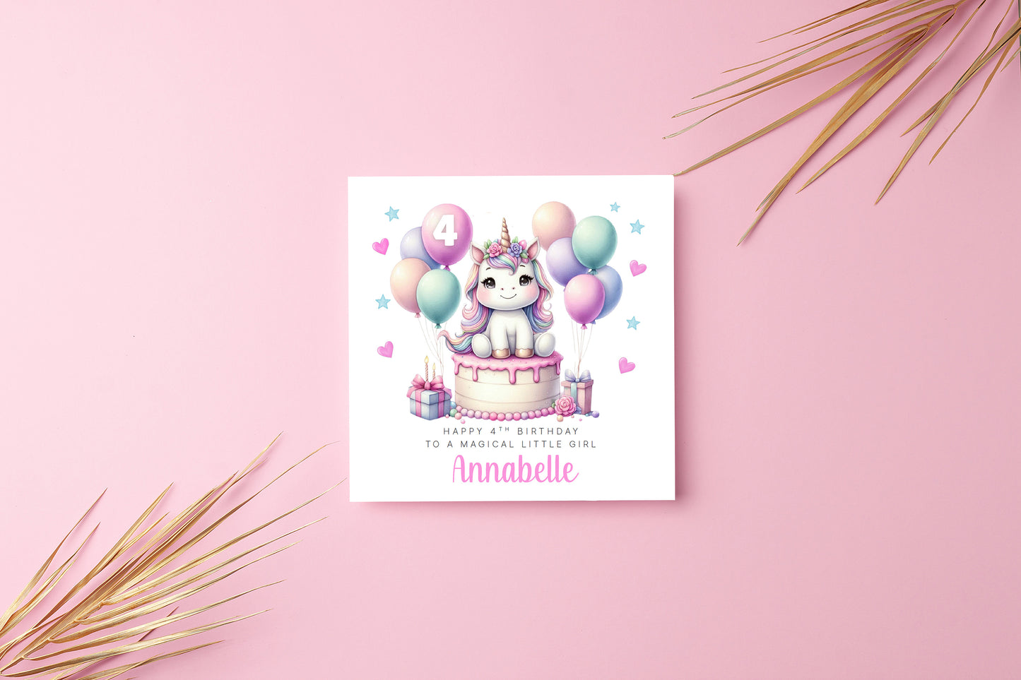 Personalised 4 Years Old 4th Birthday Card for Girls – Cute Unicorn Design with Custom Name & Message - Age 4 Magical Birthday Card for Kids Children Daughter Granddaughter Niece with Pink Envelope