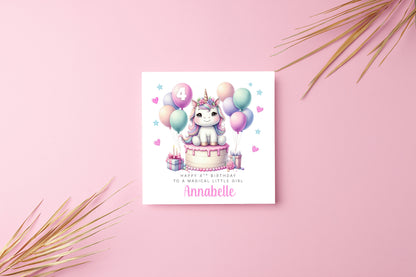 Personalised 4 Years Old 4th Birthday Card for Girls – Cute Unicorn Design with Custom Name & Message - Age 4 Magical Birthday Card for Kids Children Daughter Granddaughter Niece with Pink Envelope